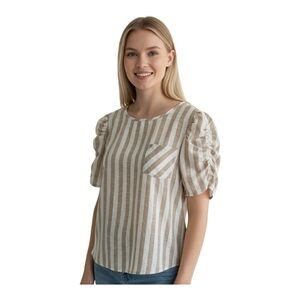 Jennifer &‎ Grace Striped Blouse, Button Back, 100% Cotton, Tan & White, Large